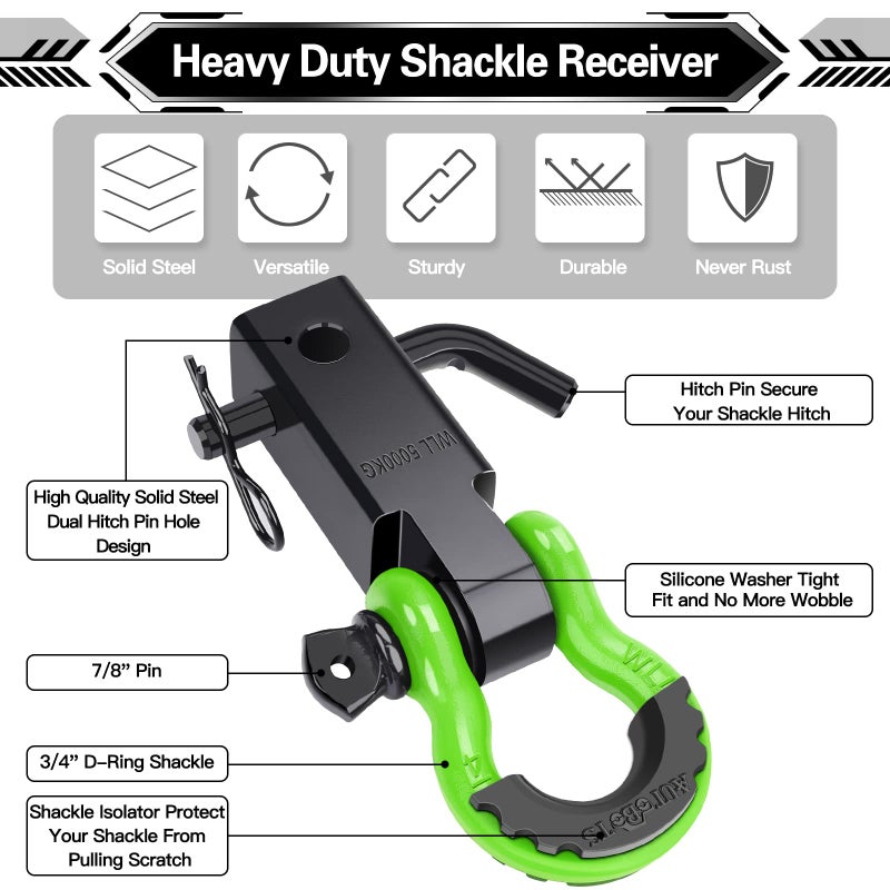 AUTOBOTS Shackle Hitch Receiver 2", 45,000 Lbs Break Strength Heavy Duty Receiver with 5/8" Screw Pin, 3/4" D Ring Shackles, Towing Accessories for Vehicle Recovery Off-Road, Green&Black - Image 2